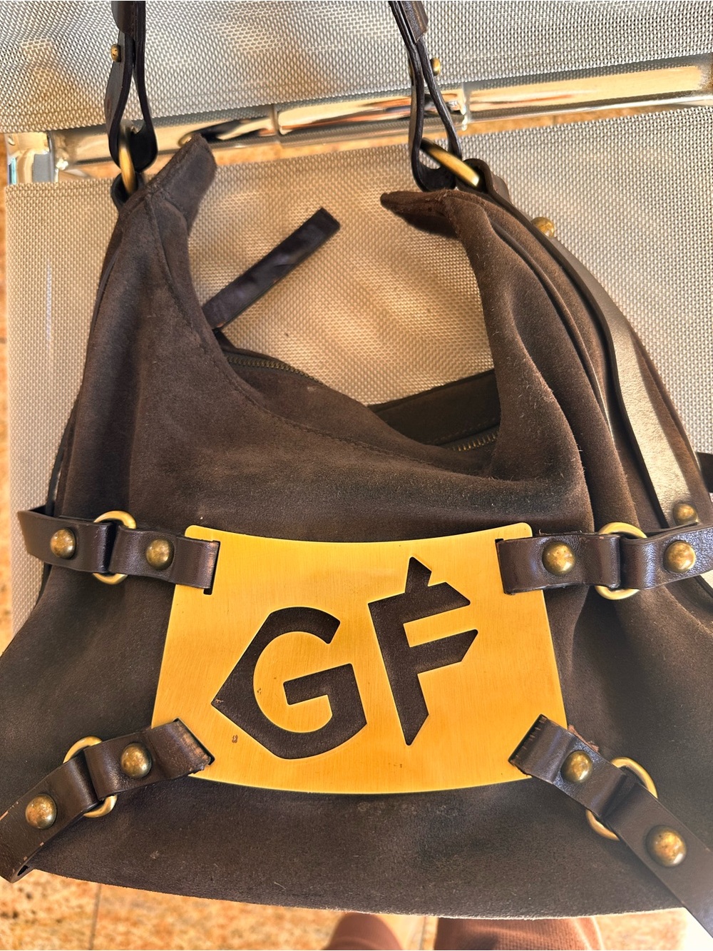 Gianfranco Ferre Brown Suede Shoulder Bag with Gold Plaque
